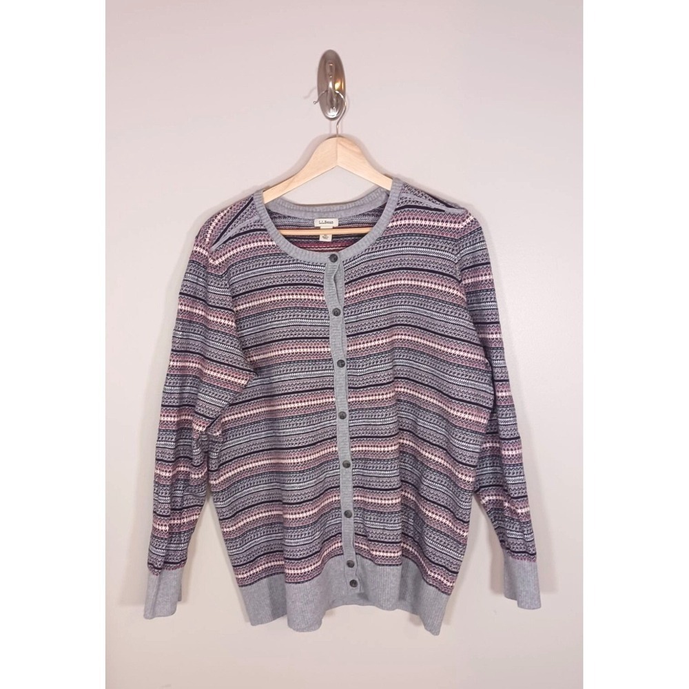 L.L. Bean Cotton Cashmere Cardigan Womens 1X Geometric Striped Button Sweater